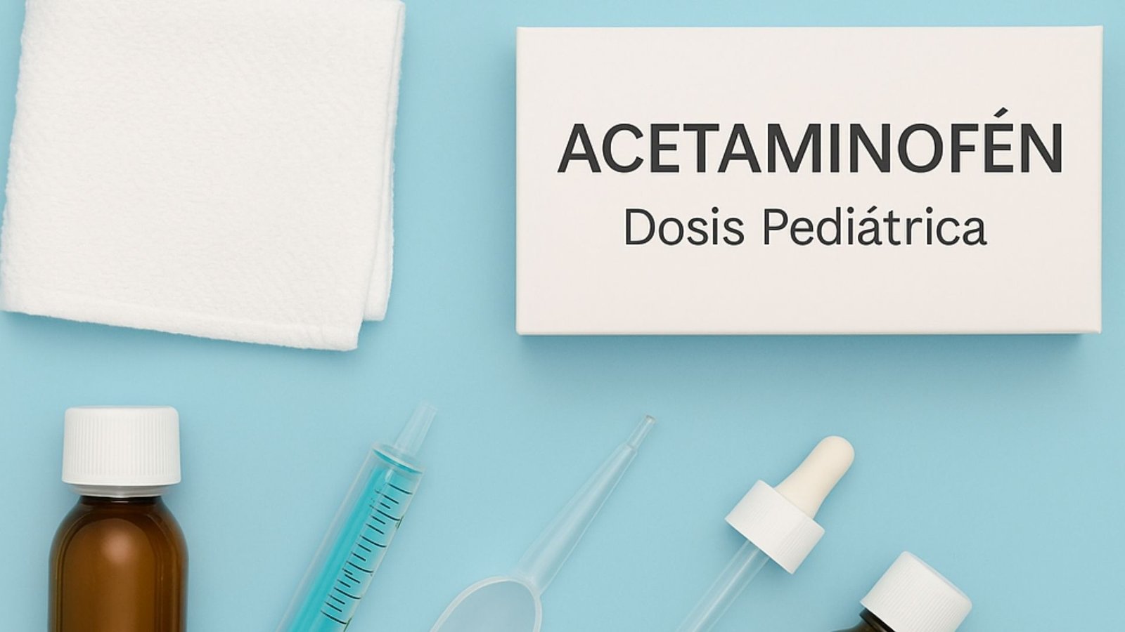 Caja con la etiqueta Acetaminofén Dosis Pediátrica junto a frascos ámbar, jeringa dosificadora, gotero, cucharilla medidora, tabletas blancas y pañito sobre fondo azul pastel.