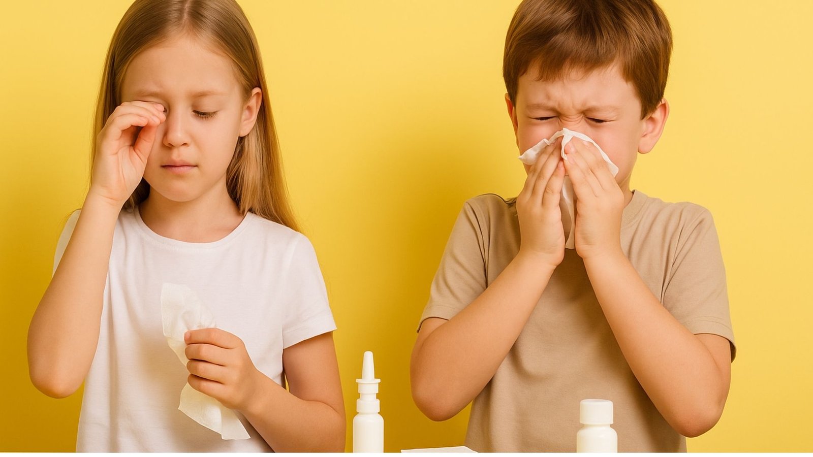 Alergia en Niños: Niña y niño con síntomas de alergia frente a un fondo amarillo, la niña frotándose los ojos y el niño estornudando en un pañuelo, con medicamentos y un spray nasal sobre la mesa.