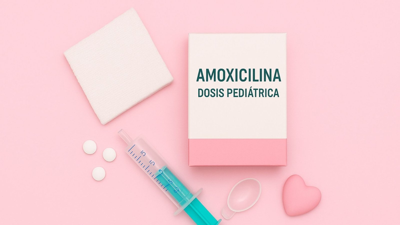 Caja con etiqueta Amoxicilina Dosis Pediátrica junto a jeringa dosificadora, pastillas blancas, cucharilla medidora y pañito sobre fondo rosa pastel.