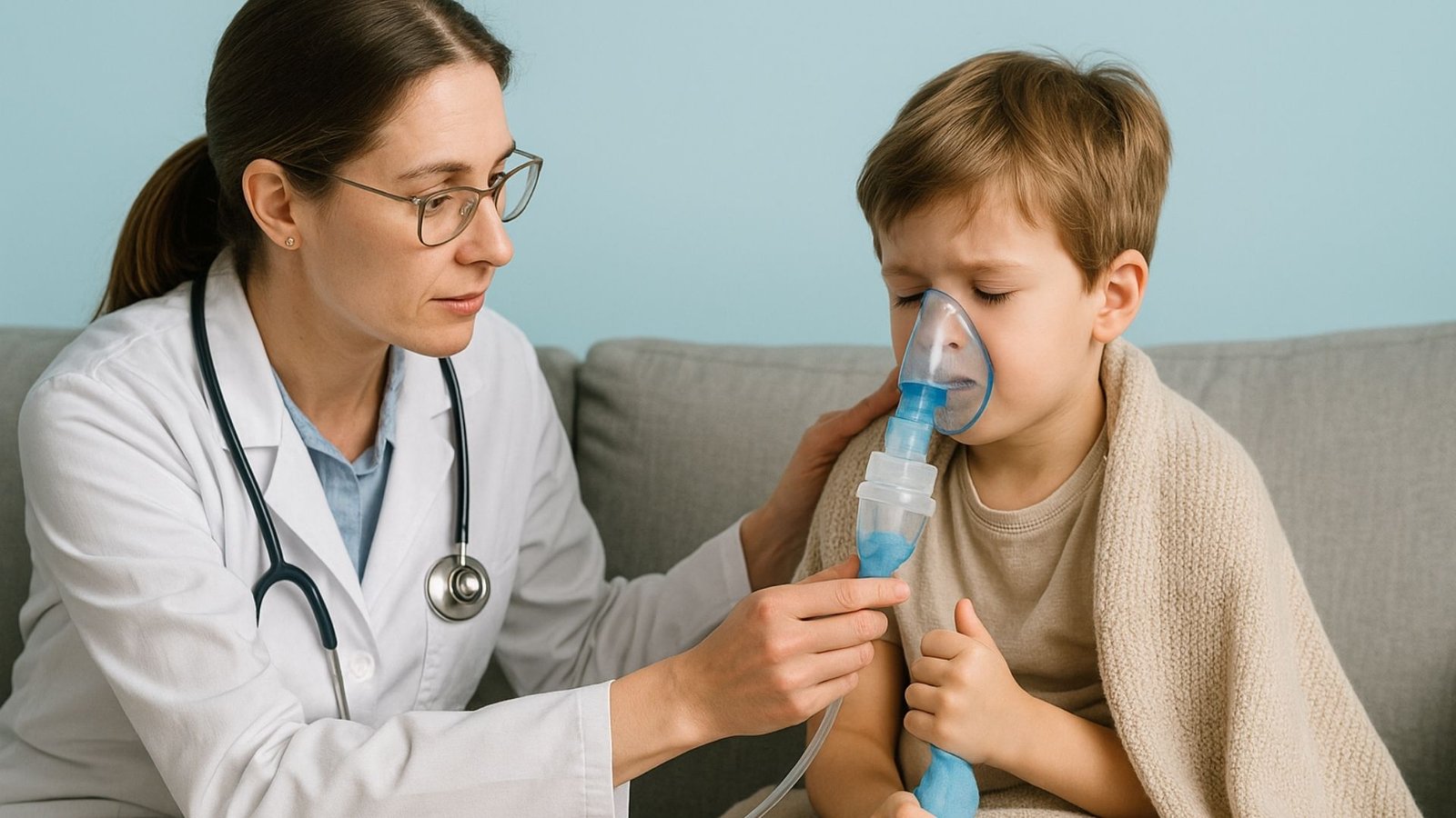 Bronquitis en Niños: Doctora pediatra administrando un tratamiento de nebulización a un niño con síntomas respiratorios, mientras el niño sostiene la mascarilla y está cubierto con una manta.