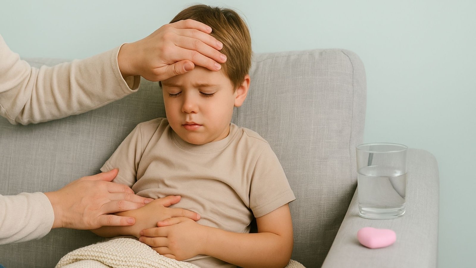 Niño pequeño sentado en un sofá sosteniendo su abdomen con expresión de malestar mientras un adulto lo revisa y apoya con una mano en la frente y otra en el estómago