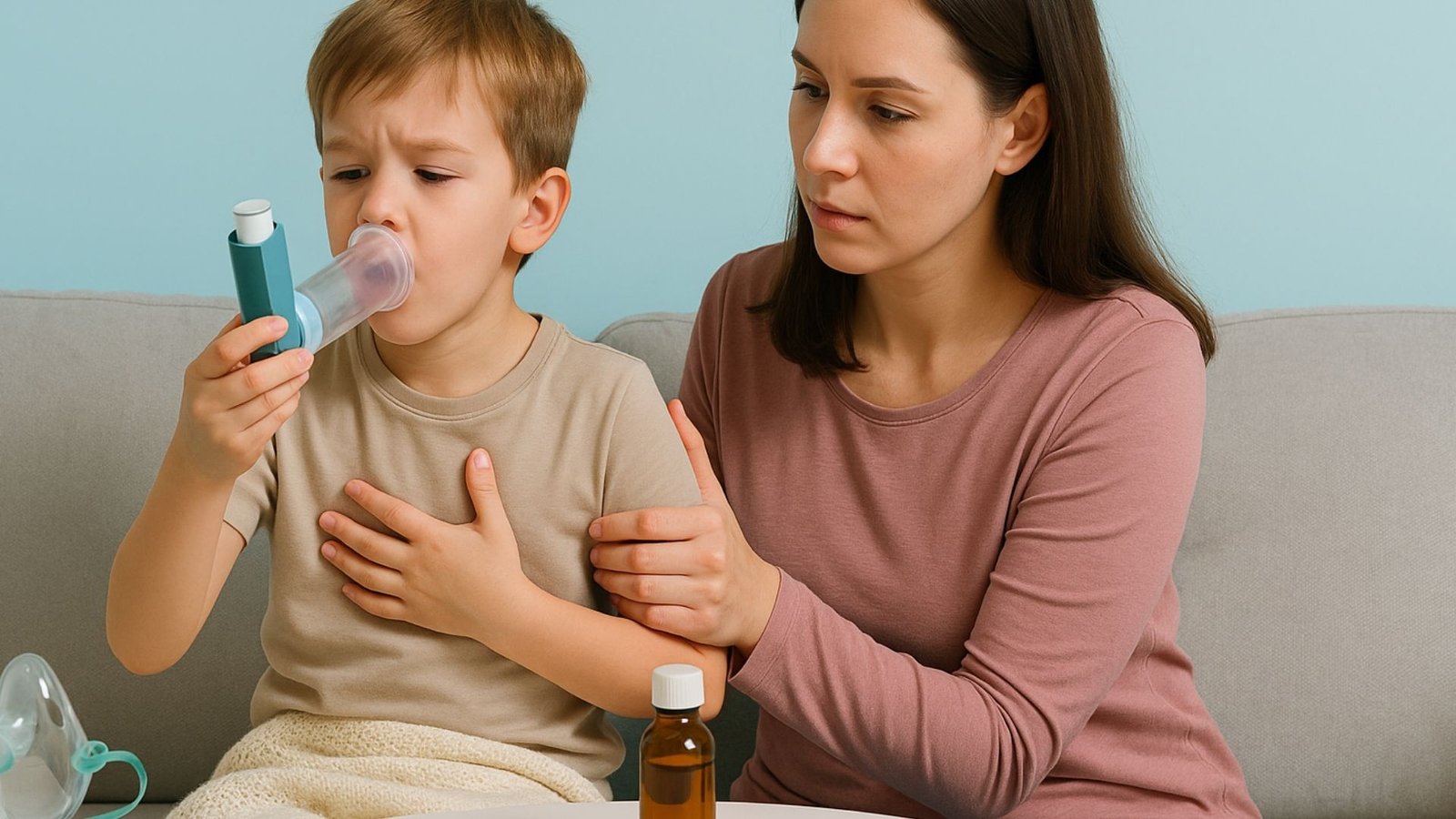 Dificultad para Respirar en Niños: Niño usando un inhalador con espaciador mientras su madre lo acompaña y observa, sentados en un sofá frente a un fondo azul pastel, con medicamentos y termómetro sobre una mesa.