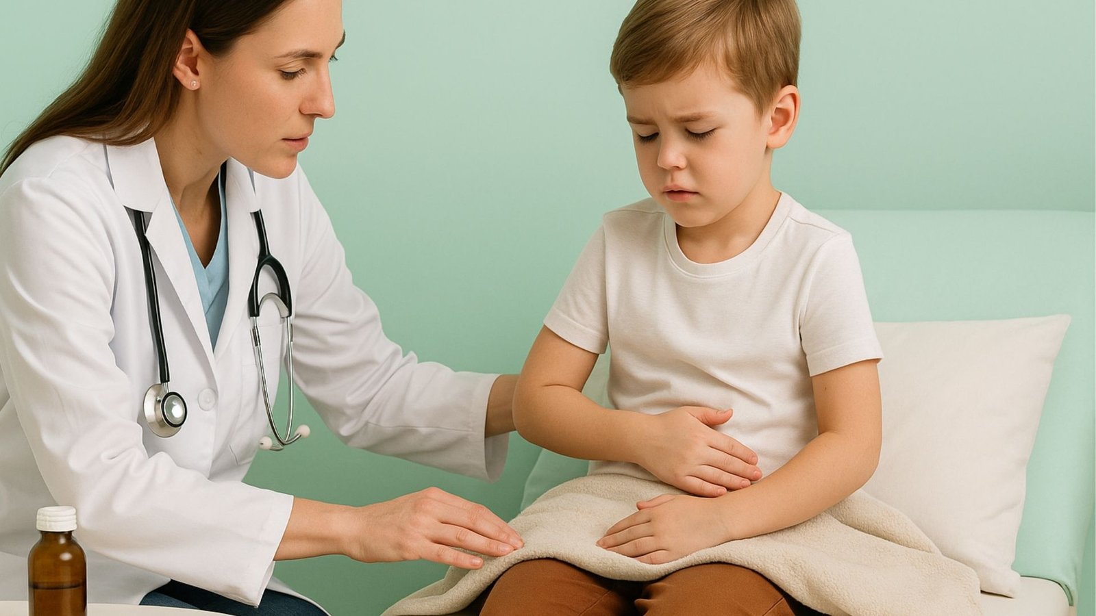 Dolor Abdominal en Niños:Doctora pediatra examinando el abdomen de un niño sentado en una camilla, mientras él sostiene su estómago con expresión de dolor; junto a ellos hay un termómetro y frasco de medicamento.