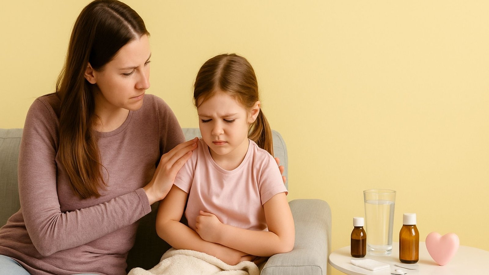 Dolor de estomago en niños: Niña con dolor de estómago sentada en un sofá y sosteniéndose el abdomen mientras una adulta la acompaña y la consuela; en una mesa cercana hay agua y medicamentos