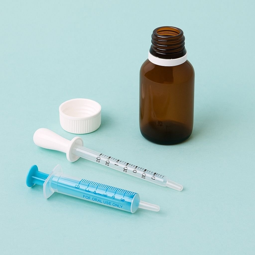 Frasco ámbar de medicina infantil con jeringa dosificadora y gotero sobre fondo pastel.
