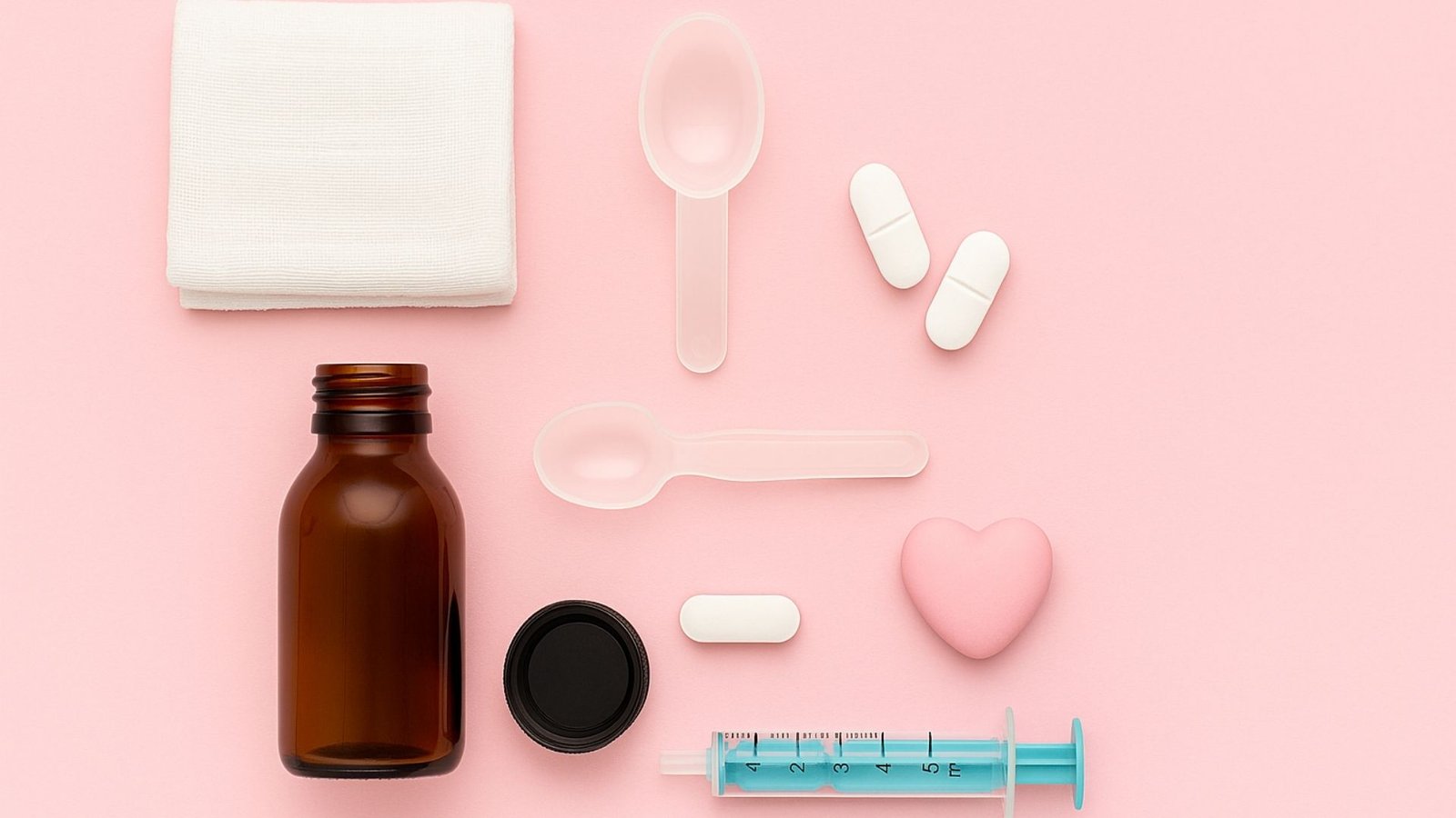 Artículos para dosificación pediátrica sobre fondo rosa pastel, incluyendo jeringa dosificadora, frasco de jarabe, tabletas, cucharillas y corazón decorativo.