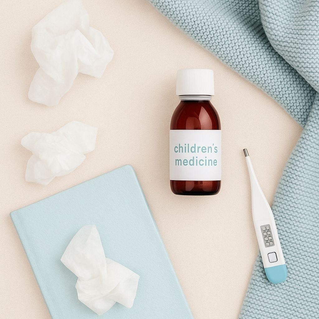 Jarabe infantil, termómetro digital, pañuelos y manta suave usados para el cuidado de enfermedades en niños.
