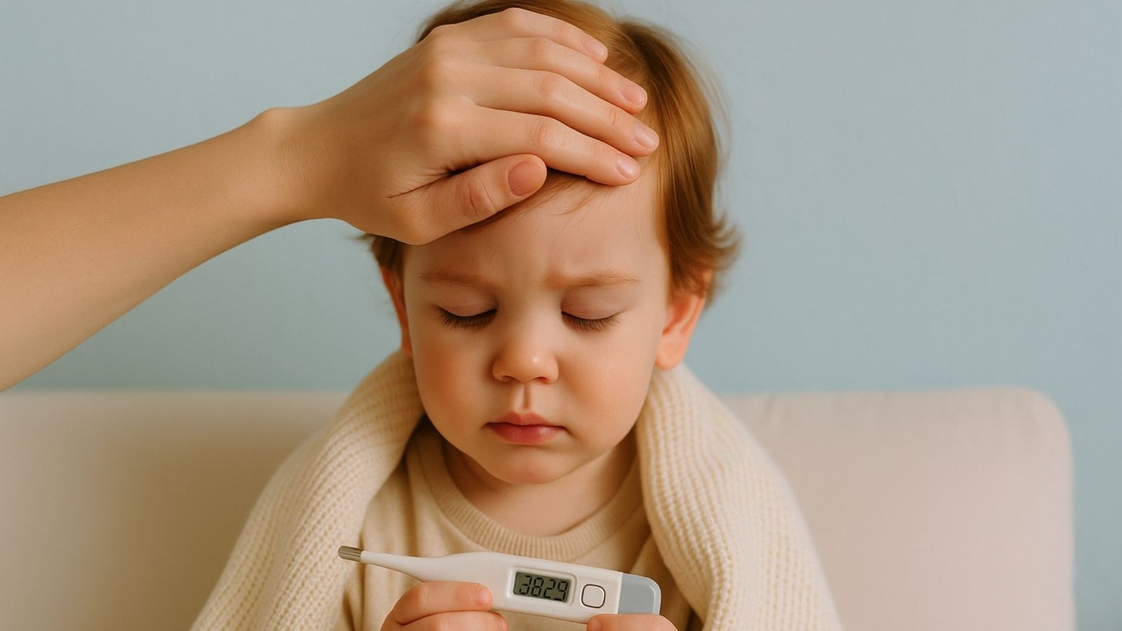 Niño pequeño sentado con los ojos cerrados sosteniendo un termómetro digital que marca fiebre mientras un adulto coloca una mano en su frente.