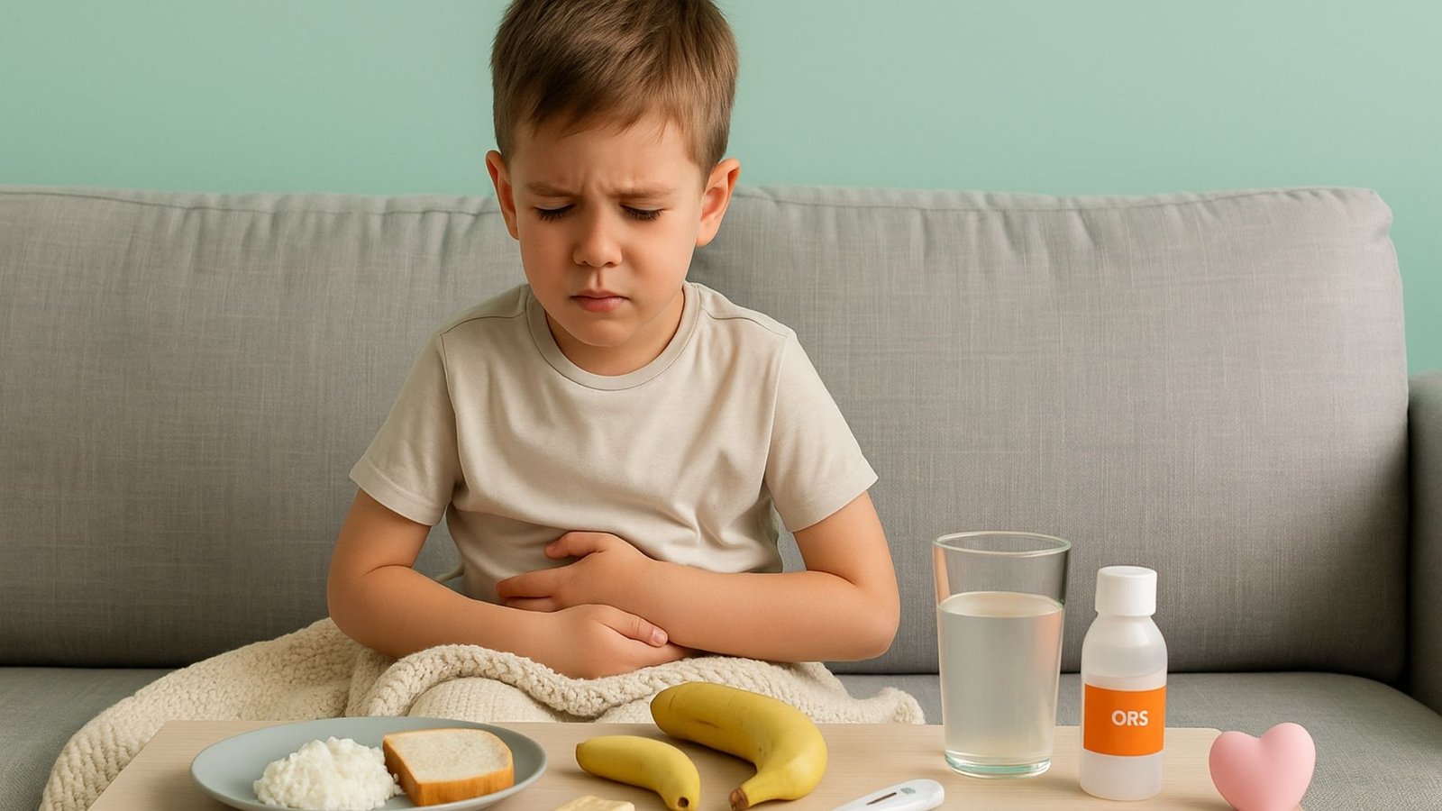 Gastroenteritis en Niños: Síntomas, Tratamiento y Dieta: Niño con malestar abdominal sentado en un sofá, sosteniéndose el estómago, frente a una mesa con alimentos de dieta blanda, suero oral, un vaso con agua y un termómetro.