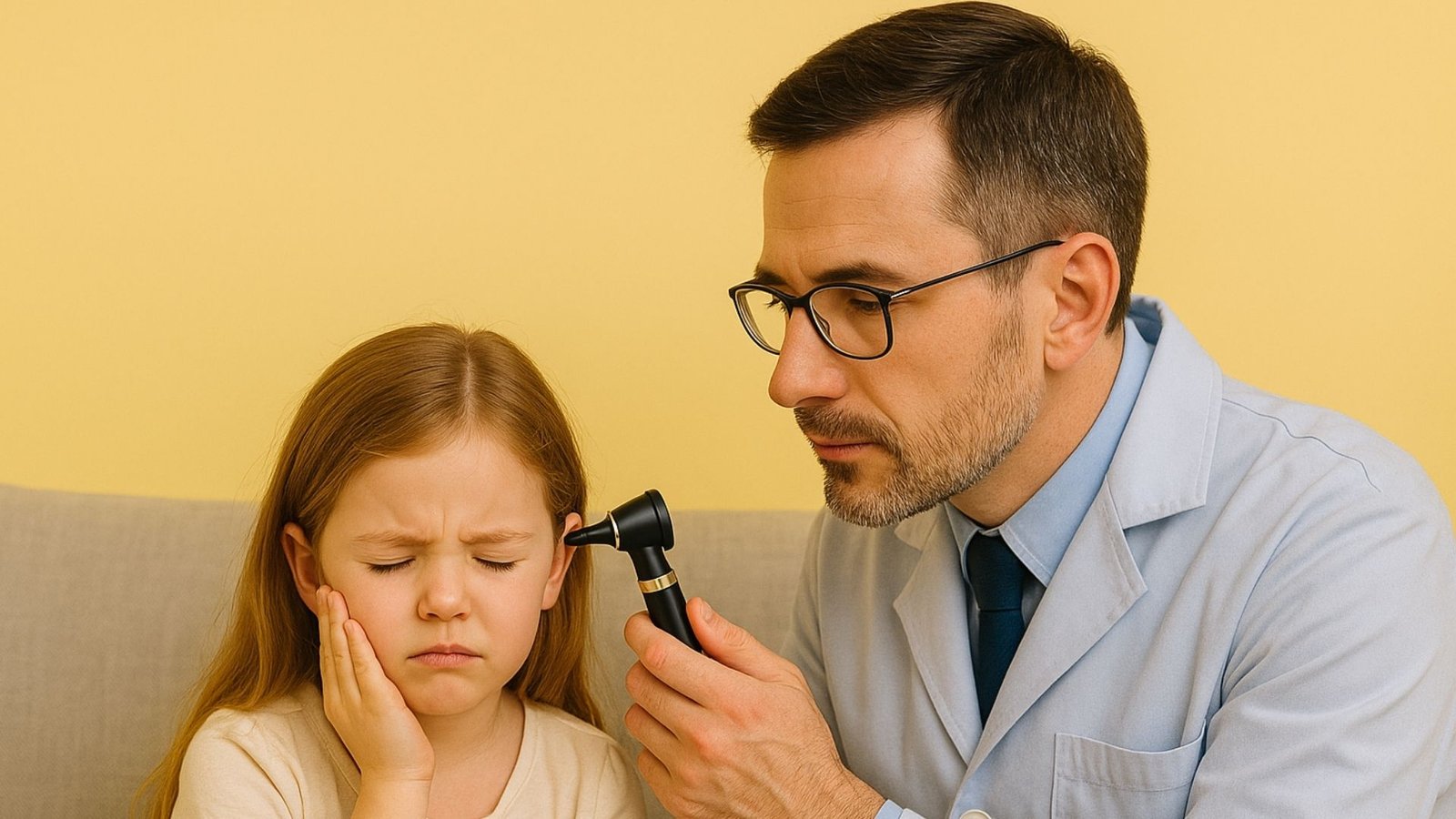 Inflamación de Oídos en Niños: Doctor revisando el oído de una niña con malestar, usando un otoscopio, mientras la niña se sujeta la oreja con expresión de dolor, sentados en un sofá frente a un fondo amarillo pastel.