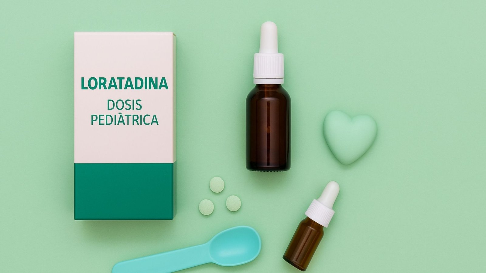 Loratadina Dosis Pediátrica:Caja de Loratadina Dosis Pediátrica junto a un frasco ámbar con gotero, otro gotero pequeño, pastillas verdes, una cucharita medidora y un corazón decorativo sobre fondo verde pastel.