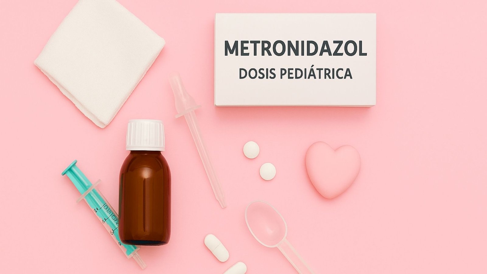 Caja con la etiqueta Metronidazol Dosis Pediátrica junto a frasco ámbar, gotero, jeringa dosificadora, cucharilla medidora, tabletas blancas y pañito sobre fondo rosa pastel.