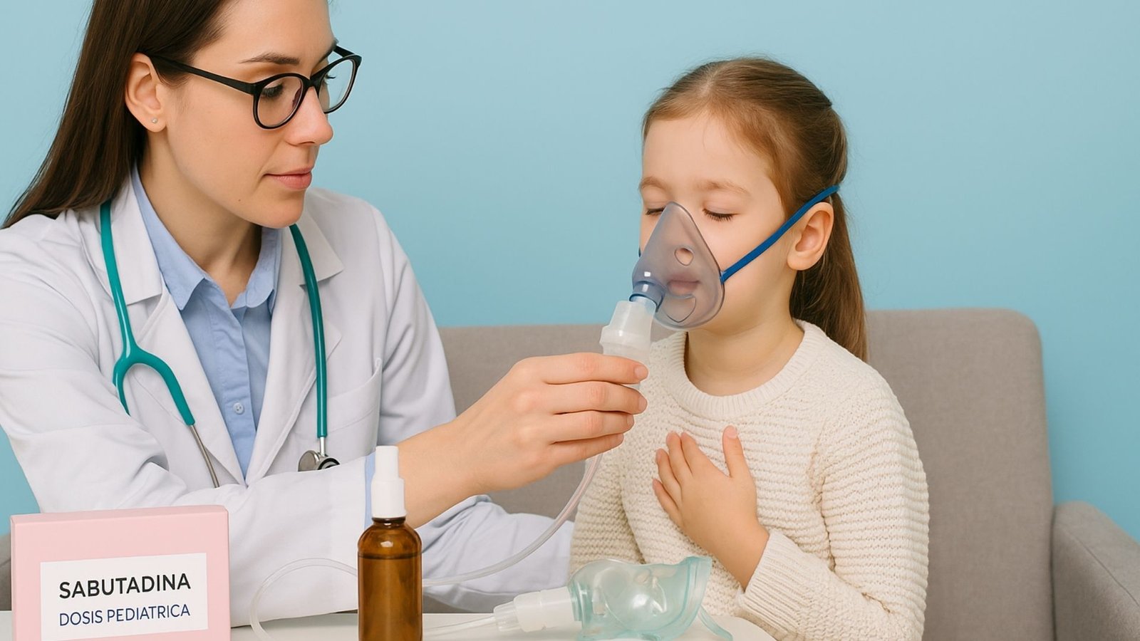 Nebulizaciones en Niños:Doctora pediatra administrando una nebulización a una niña pequeña que respira a través de una mascarilla, sentada en una consulta médica con fondo azul pastel.
