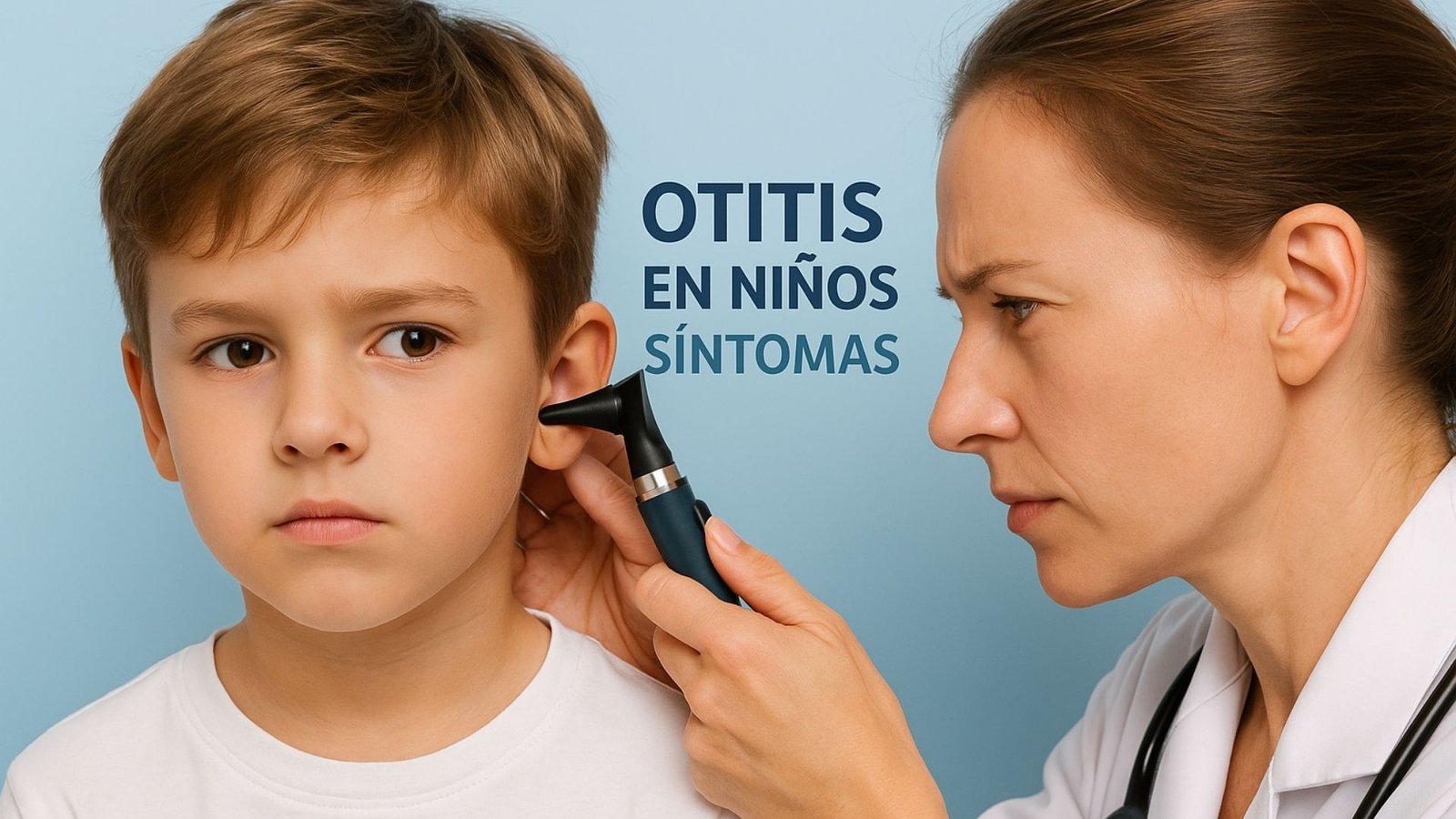 Doctora examinando el oído de un niño con un otoscopio durante una evaluación de posibles síntomas de otitis, sobre un fondo azul pastel.
