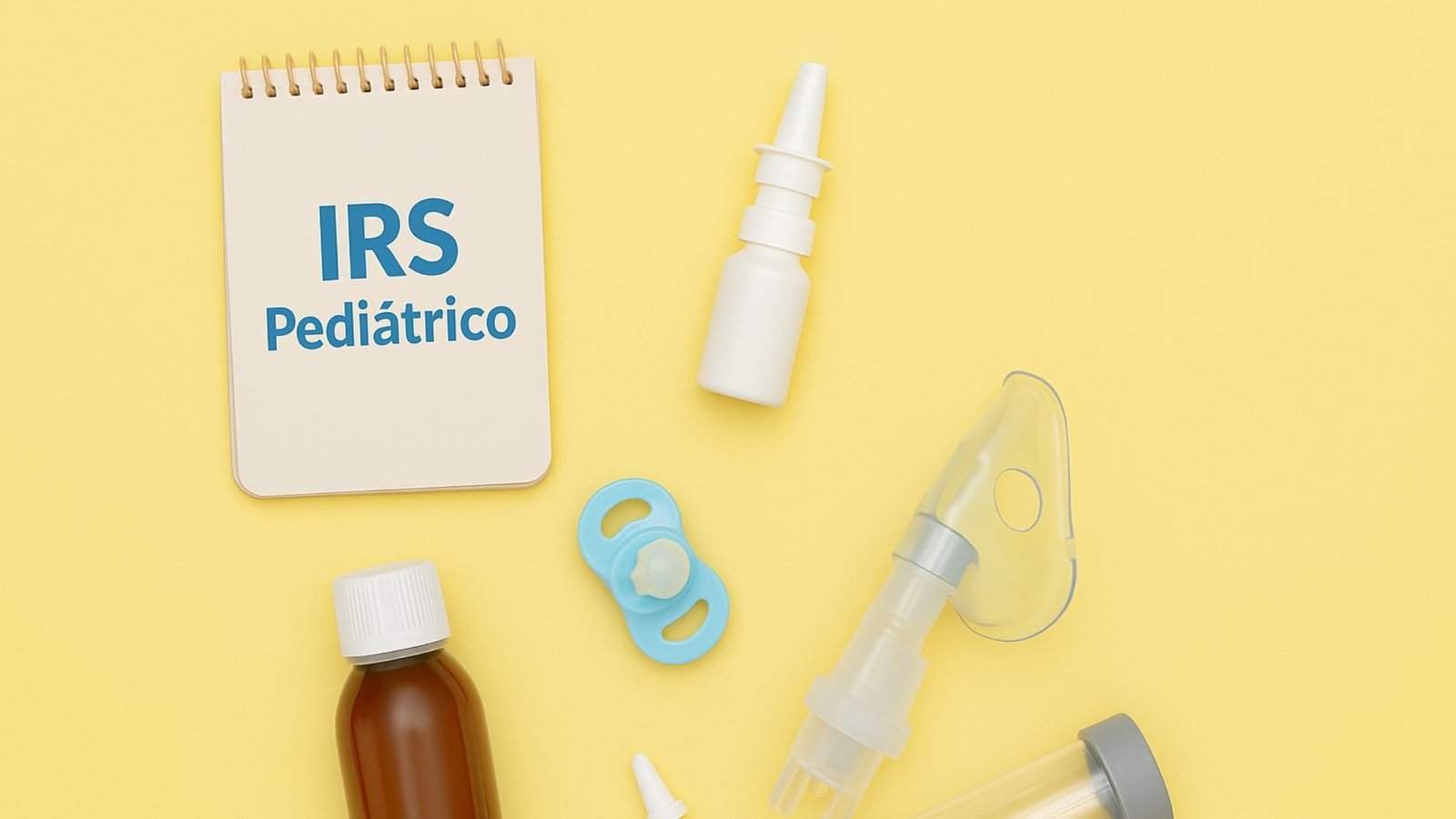 Para Qué Sirve el IRS Pediátrico:Disposición de objetos médicos pediátricos sobre un fondo amarillo pastel, incluyendo un cuaderno que dice ‘IRS Pediátrico’, un frasco de medicamento, un gotero, un atomizador nasal, un chupón y una aerocámara para inhalación