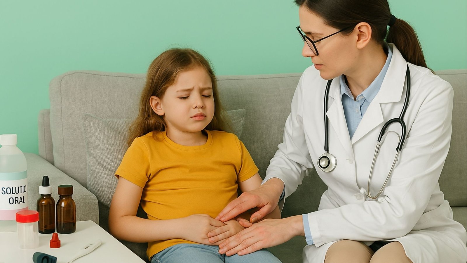 Parásitos Intestinales en Niños:Doctora revisando el abdomen de una niña con dolor estomacal mientras está sentada en un sofá, junto a una mesa con solución de rehidratación oral, frascos de medicamentos, un termómetro, un frasco para muestra y tabletas.