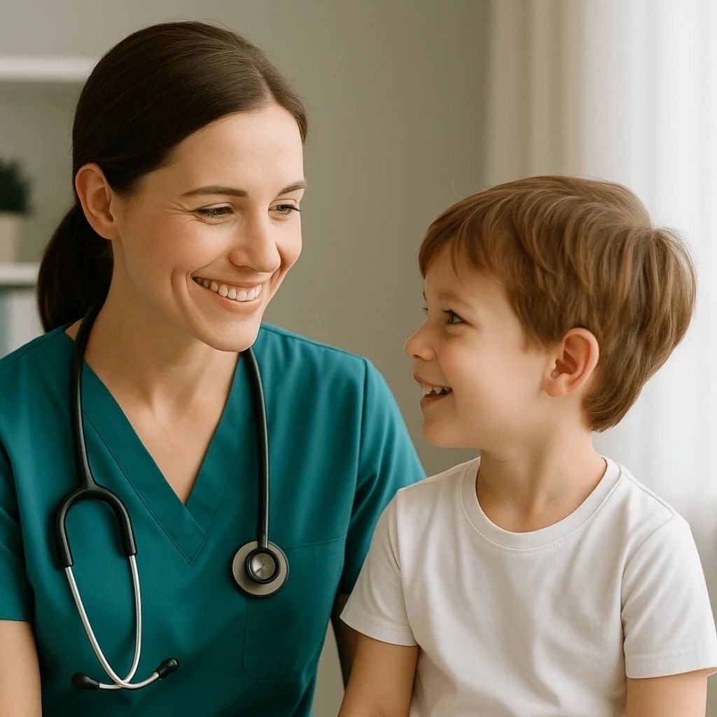 Pediatra sonriendo mientras atiende a un niño en una clínica pediátrica