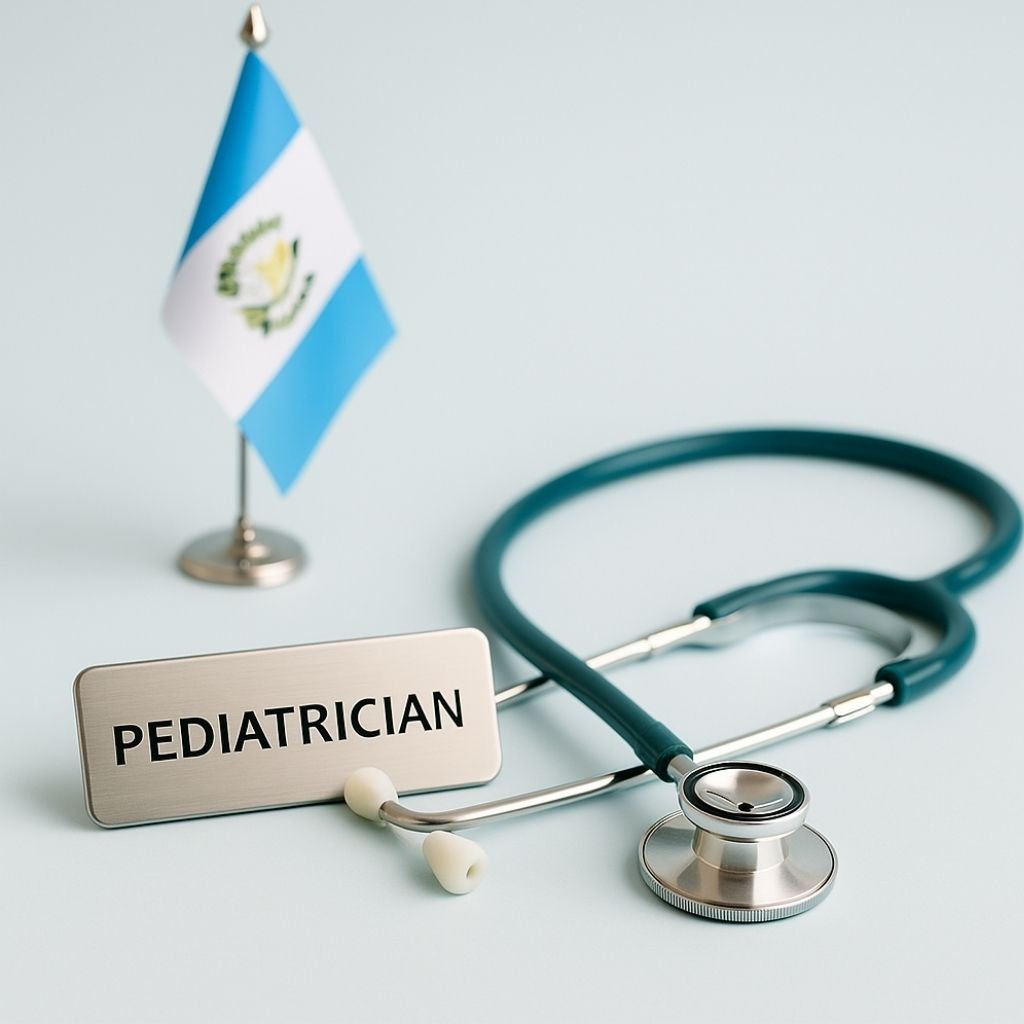 Estetoscopio y placa médica junto a una bandera de Guatemala sobre fondo claro.
