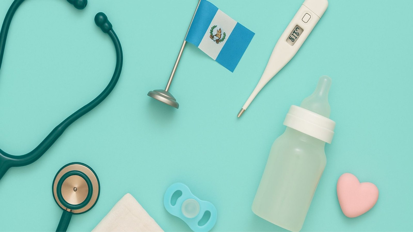 Artículos médicos y de cuidado infantil sobre fondo celeste, incluyendo estetoscopio, biberón, termómetro, chupón y bandera de Guatemala