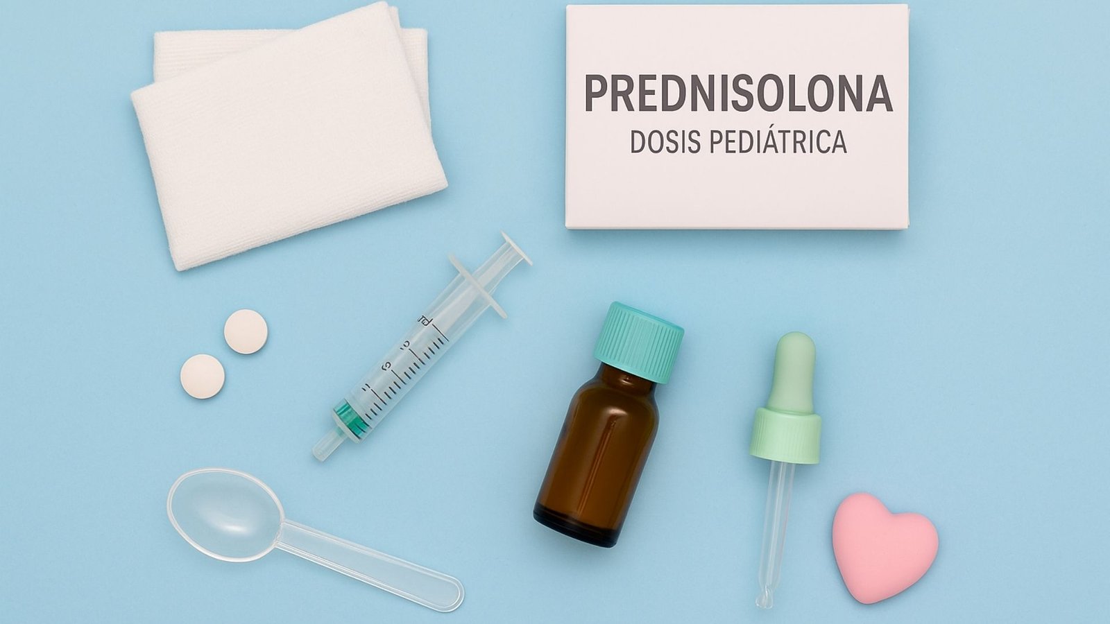 Caja con la etiqueta Prednisolona Dosis Pediátrica junto a jeringa dosificadora, frasco ámbar con gotero, cucharilla medidora, pastillas blancas y pañito sobre fondo azul pastel.