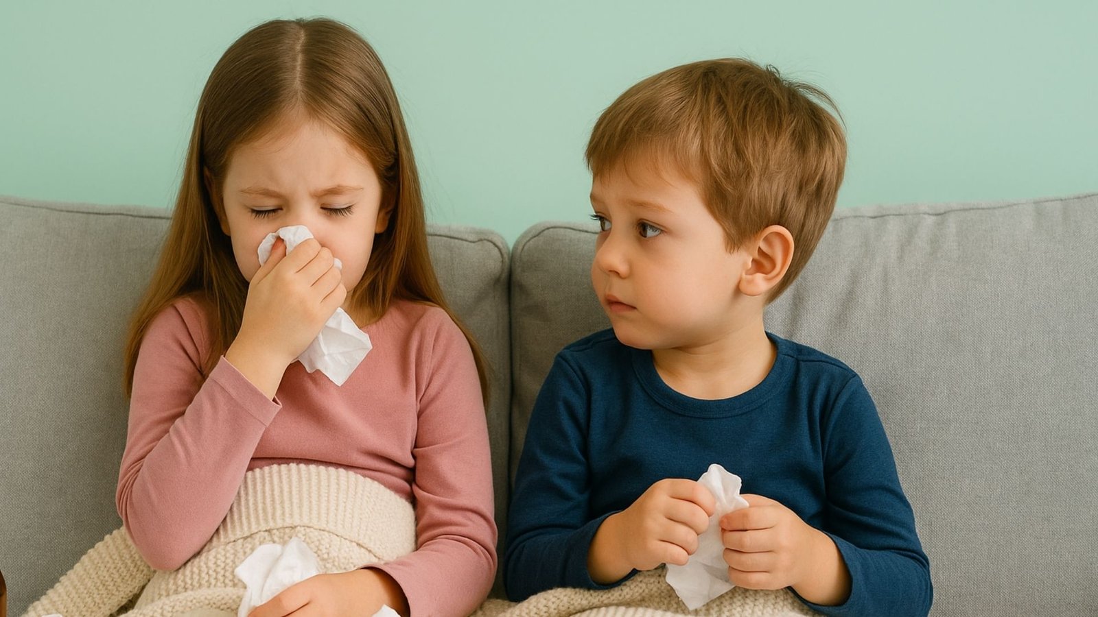 Resfriado en niños: Niña y niño sentados en un sofá con una manta; la niña se suena la nariz con un pañuelo mientras el niño la observa sosteniendo otro pañuelo. Hay pañuelos arrugados, un termómetro y un frasco de jarabe infantil sobre la manta.