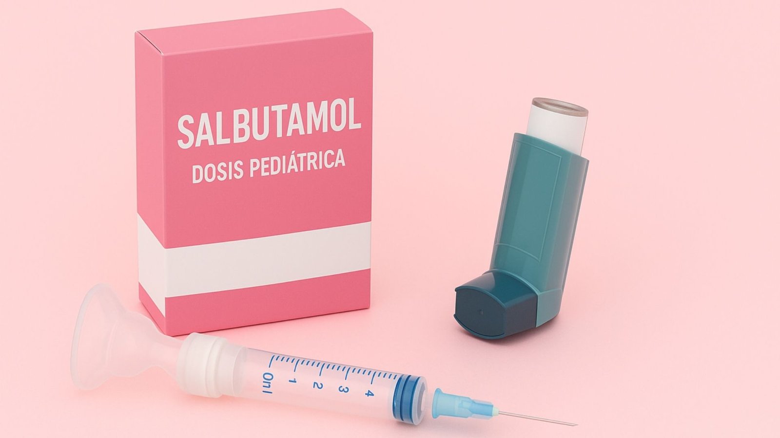 Salbutamol Dosis Pediátrica:Caja rosa de Salbutamol Dosis Pediátrica junto a un inhalador azul, un espaciador con mascarilla y una jeringa, todos colocados sobre un fondo rosa pastel.