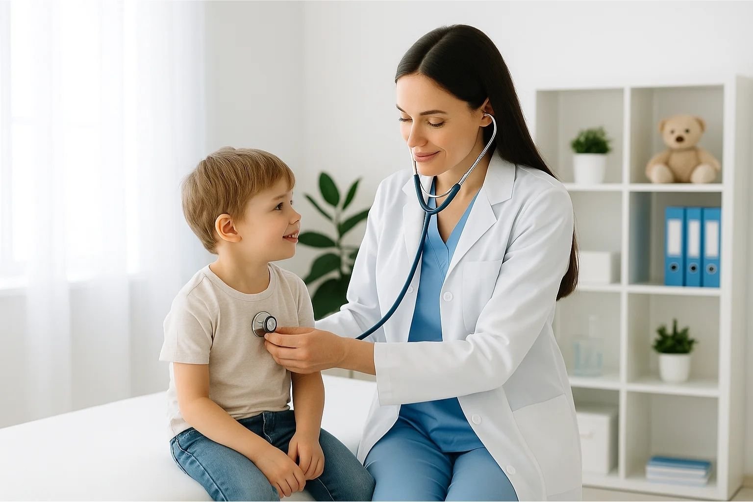 Pediatra atendiendo a un niño en clínica pediátrica en Guatemala