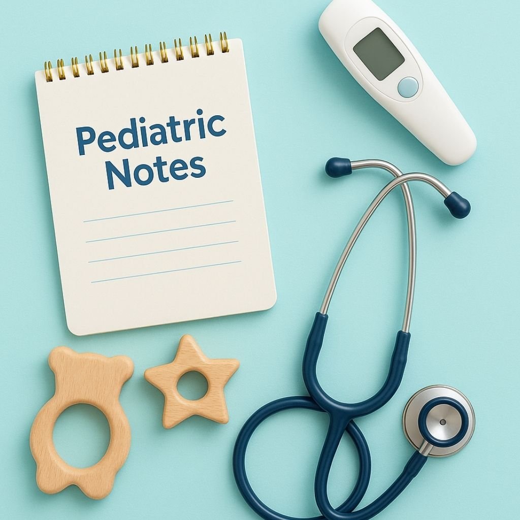 Objetos pediátricos como cuaderno, juguetes de madera, termómetro y estetoscopio sobre fondo pastel.