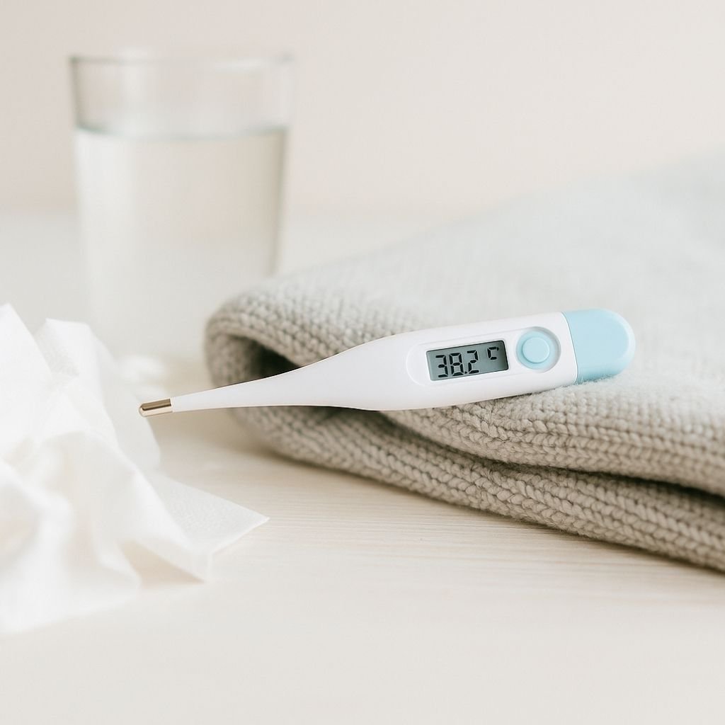 Termómetro digital sobre una manta suave junto a un vaso de agua y pañuelos, representando síntomas comunes en niños.
