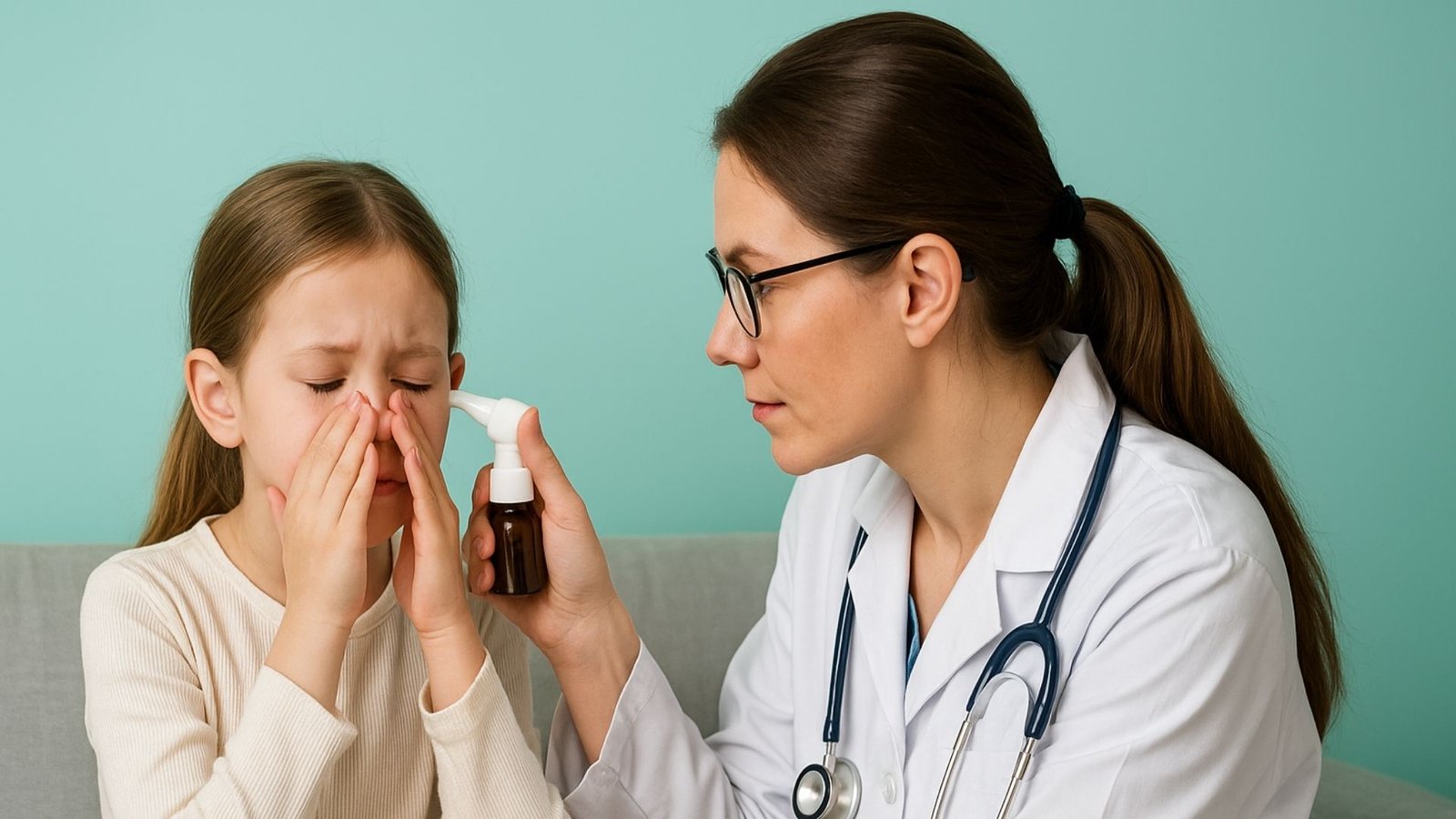 Sinusitis en Niños: Doctora revisando la nariz de una niña con congestión mientras aplica un spray nasal, sentadas en un consultorio con fondo verde pastel