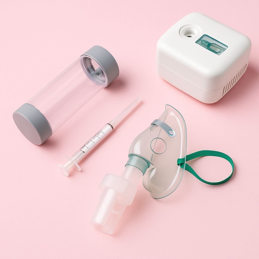 Equipo de terapia respiratoria infantil incluyendo aerocámara, mascarilla nebulizadora y jeringa sobre fondo rosa pastel.
