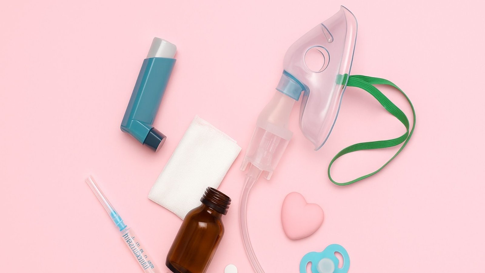 Artículos de terapias respiratorias para niños sobre fondo rosa pastel, incluyendo mascarilla de nebulizador, inhalador, frasco de solución, jeringa dosificadora y chupón.