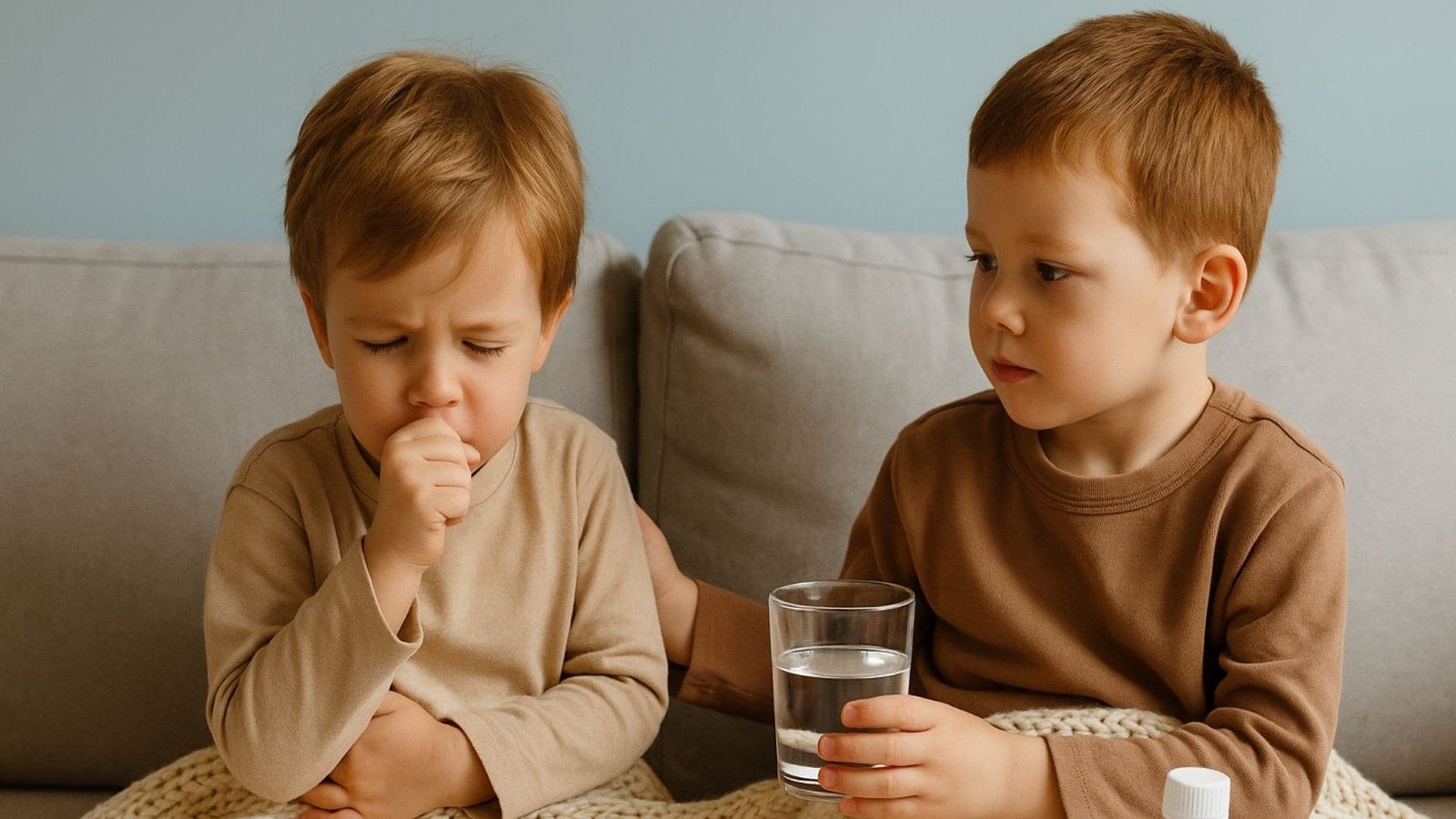 Dos niños pequeños sentados en un sofá; uno de ellos tosiendo con la mano en la boca mientras su hermano le ofrece un vaso de agua, junto a un frasco de jarabe y un corazón rosado.”