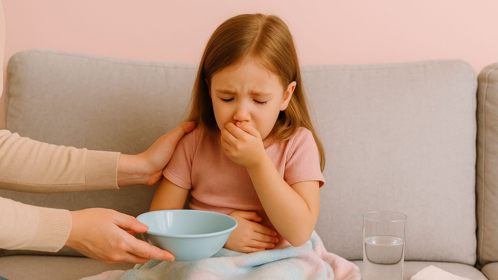 Niña pequeña con expresión de malestar sentada en un sofá, cubriéndose la boca con la mano mientras un adulto sostiene un recipiente frente a ella