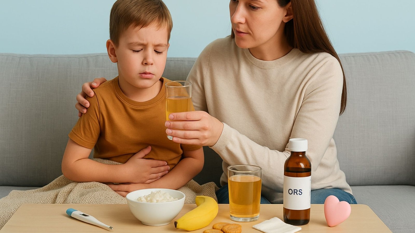 Vómito y Diarrea en Niños:Madre cuidando a su hijo con malestar estomacal, ofreciéndole suero oral mientras el niño se sostiene el abdomen; frente a ellos hay alimentos suaves, un termómetro y un frasco etiquetado como ORS.