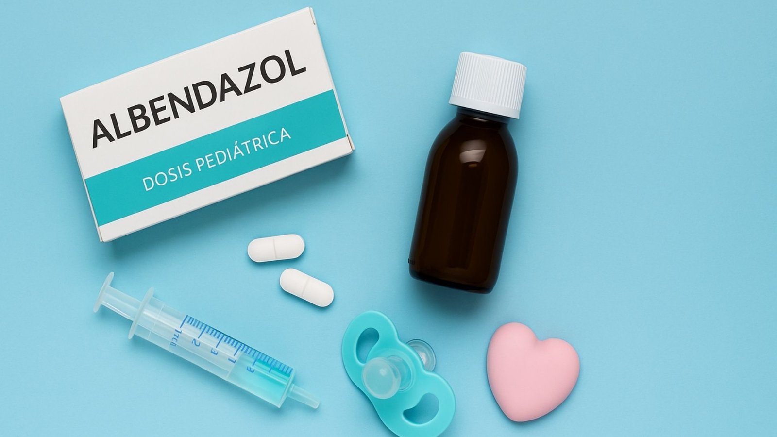 Albendazol Dosis Pediátrica:Presentación de Albendazol pediátrico sobre fondo azul pastel, con caja del medicamento, frasco ámbar, jeringa dosificadora, tabletas y un chupón infantil.