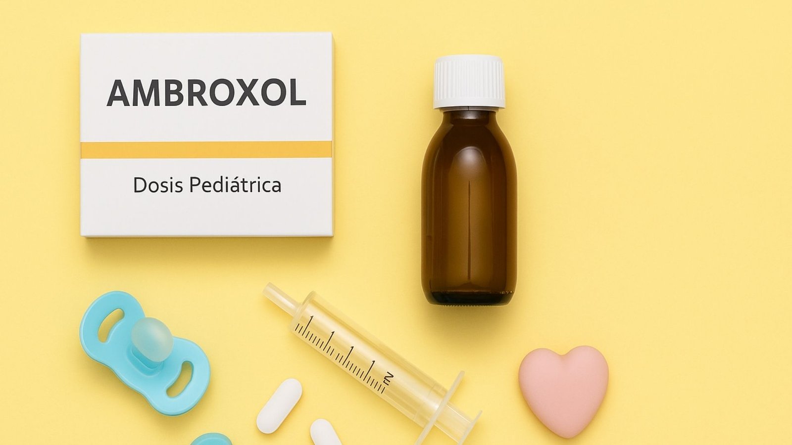 Ambroxol Dosis Pediátrica:Caja de Ambroxol pediátrico junto a un frasco ámbar, una jeringa dosificadora, comprimidos, chupón y figuras decorativas sobre un fondo amarillo pastel.
