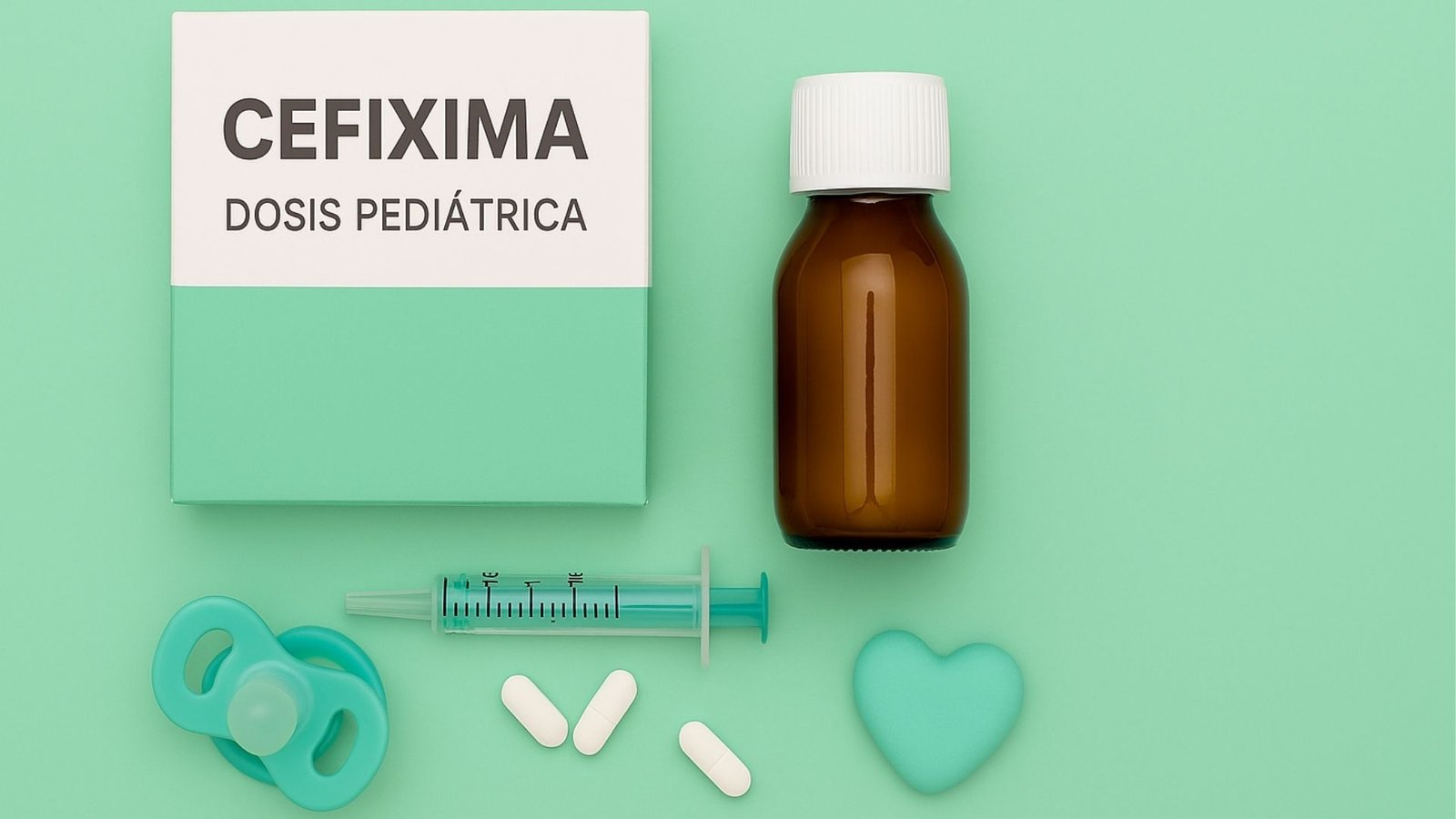 Cefixima Dosis Pediátrica: Caja de Cefixima dosis pediátrica sobre fondo verde pastel junto a un frasco ámbar, una jeringa dosificadora, tableta pediátrica, chupón y un corazón decorativo.