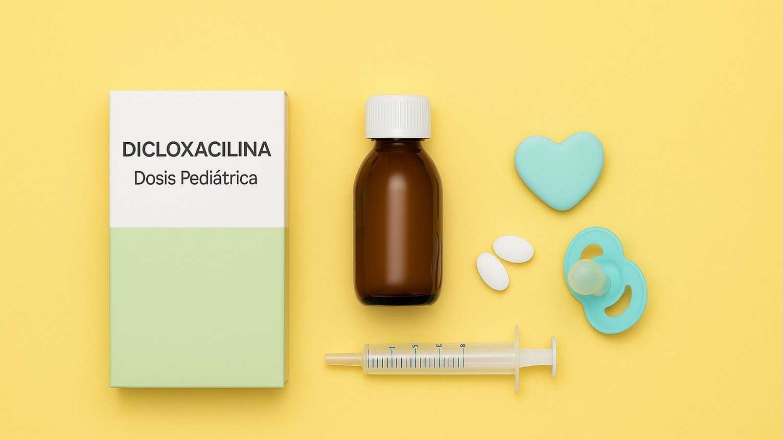 Dicloxacilina Dosis Pediátrica:Caja de Dicloxacilina dosis pediátrica junto a un frasco ámbar, una jeringa oral, dos tabletas blancas, un chupón color aqua y un corazón decorativo sobre un fondo amarillo pastel.