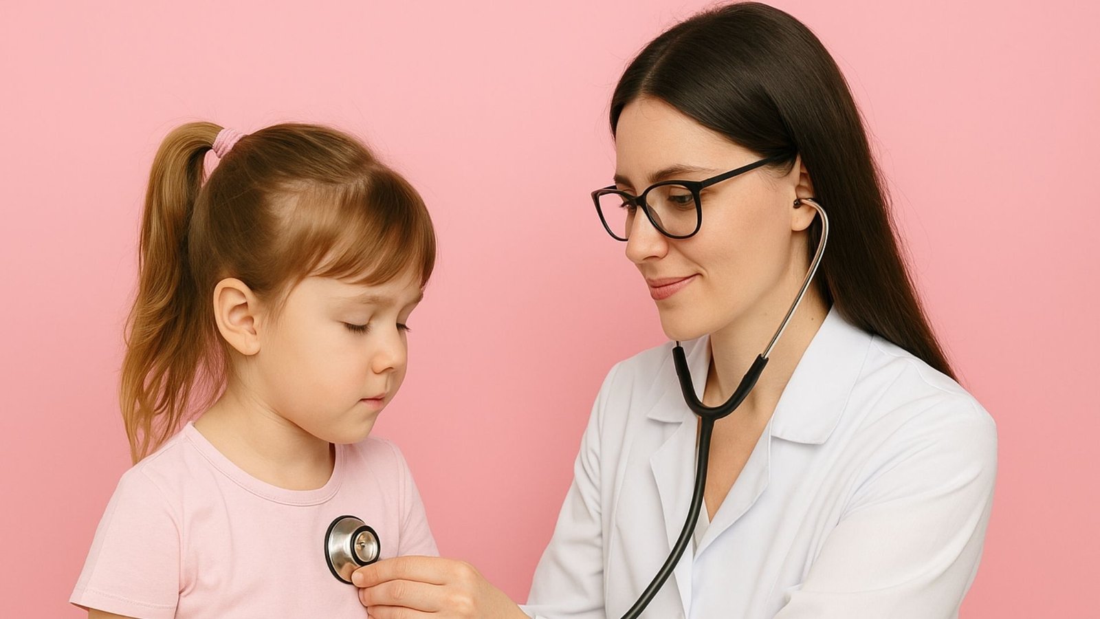 Neumólogo Pediatra en Guatemala:Doctora pediatra revisando la respiración de una niña con un estetoscopio, ambas frente a un fondo rosa pastel.