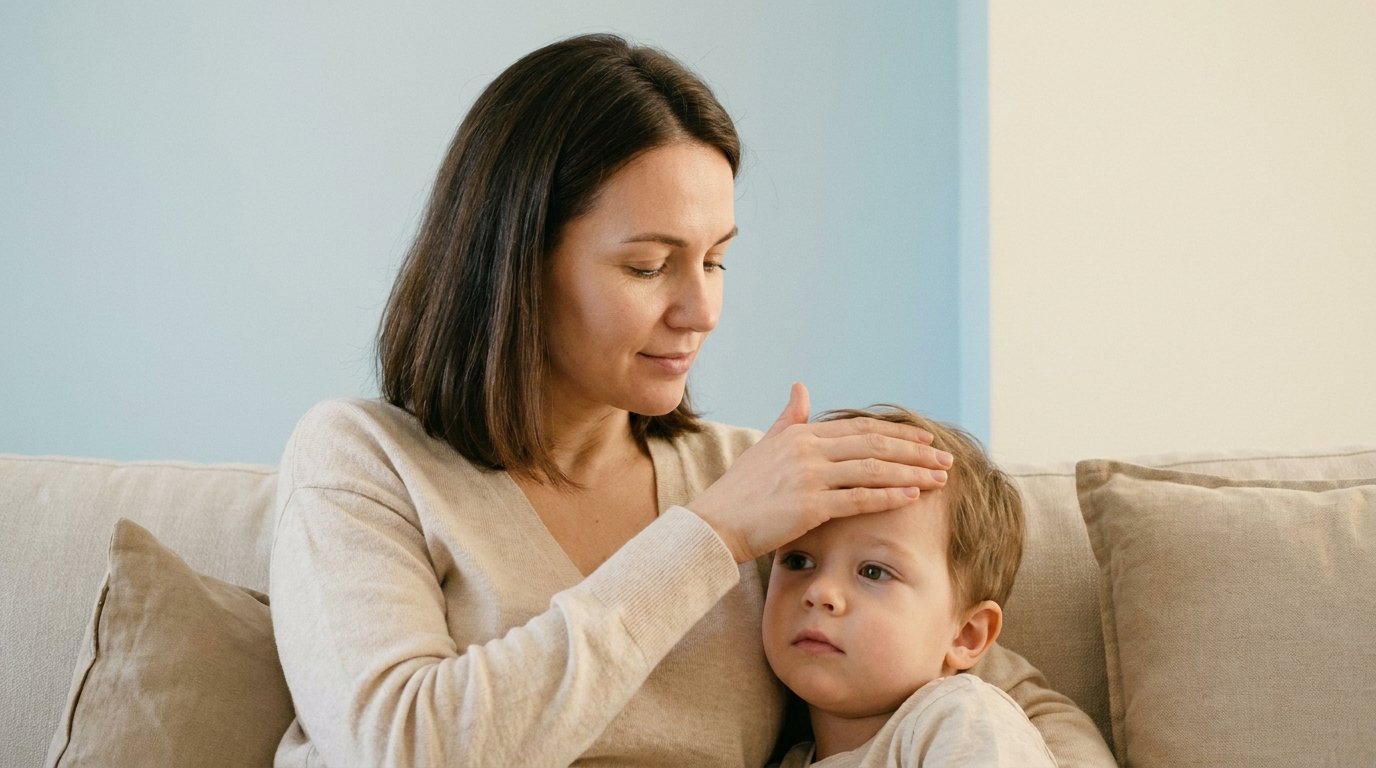 Madre cuidando a un niño con fiebre en casa, dengue en niños