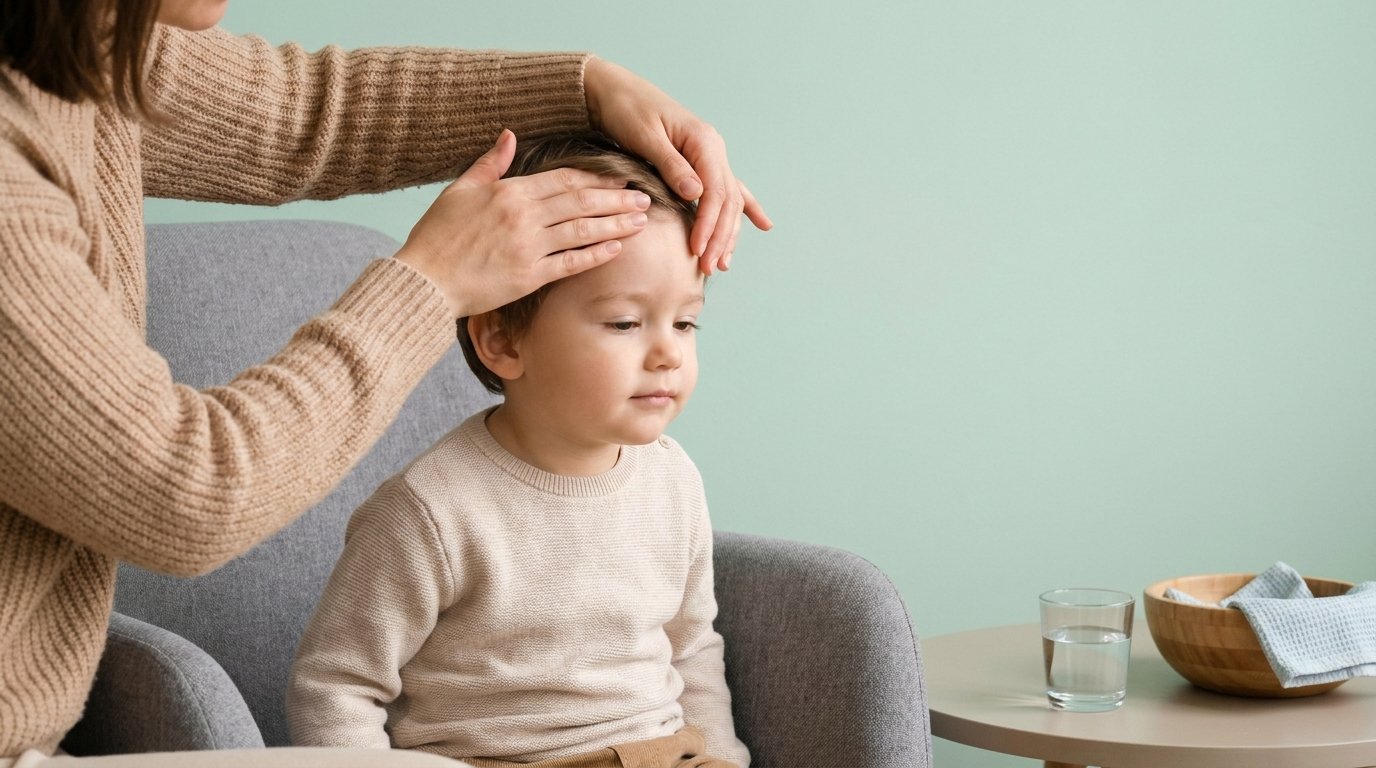 Madre revisando con cuidado la cabeza de su hijo pequeño tras un golpe leve