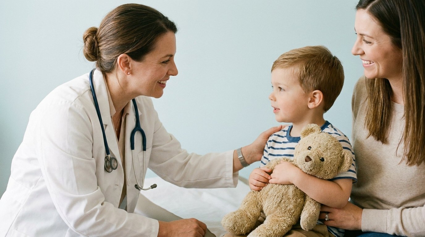 Pediatra atendiendo con calidez a un niño con complejidad médica junto a su madre