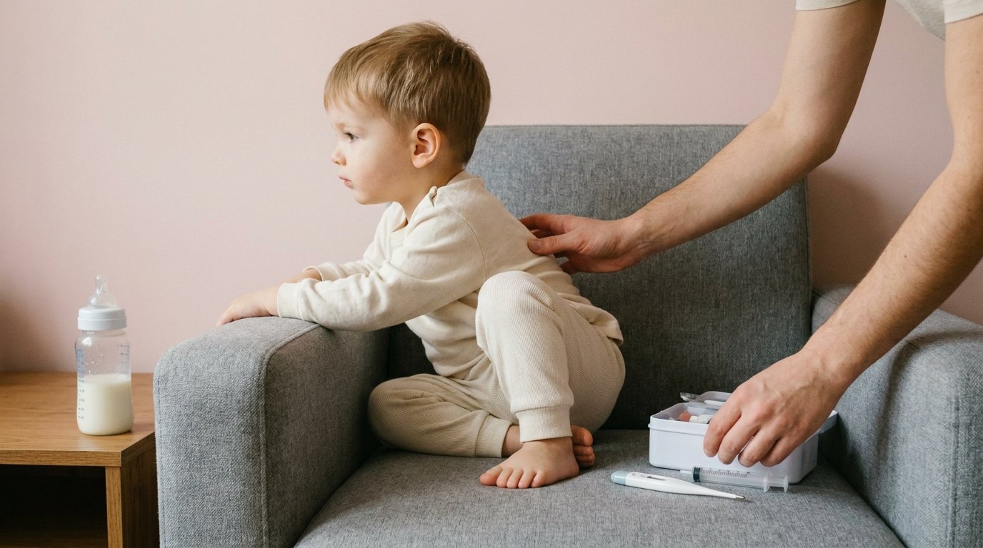 Adulto ordenando un botiquín pediátrico en casa junto a un niño pequeño, con termómetro digital y jeringa dosificadora