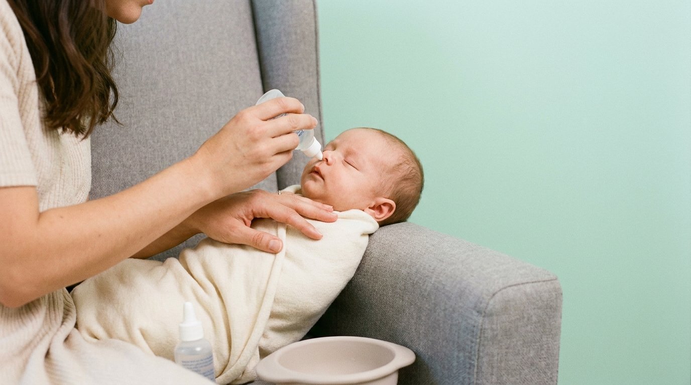 Madre haciendo un lavado nasal con suero a su bebé con bronquiolitis