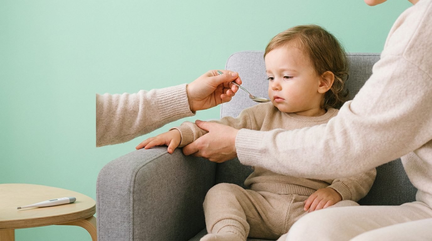 Madre ofreciendo suero de rehidratación oral con una cuchara a su hijo pequeño decaído