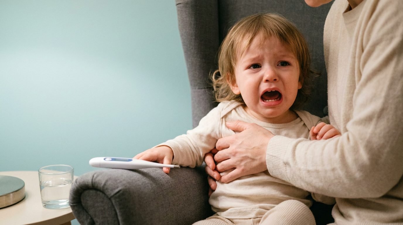Niño pequeño despierto de madrugada con tos ronca, sostenido en brazos por un adulto