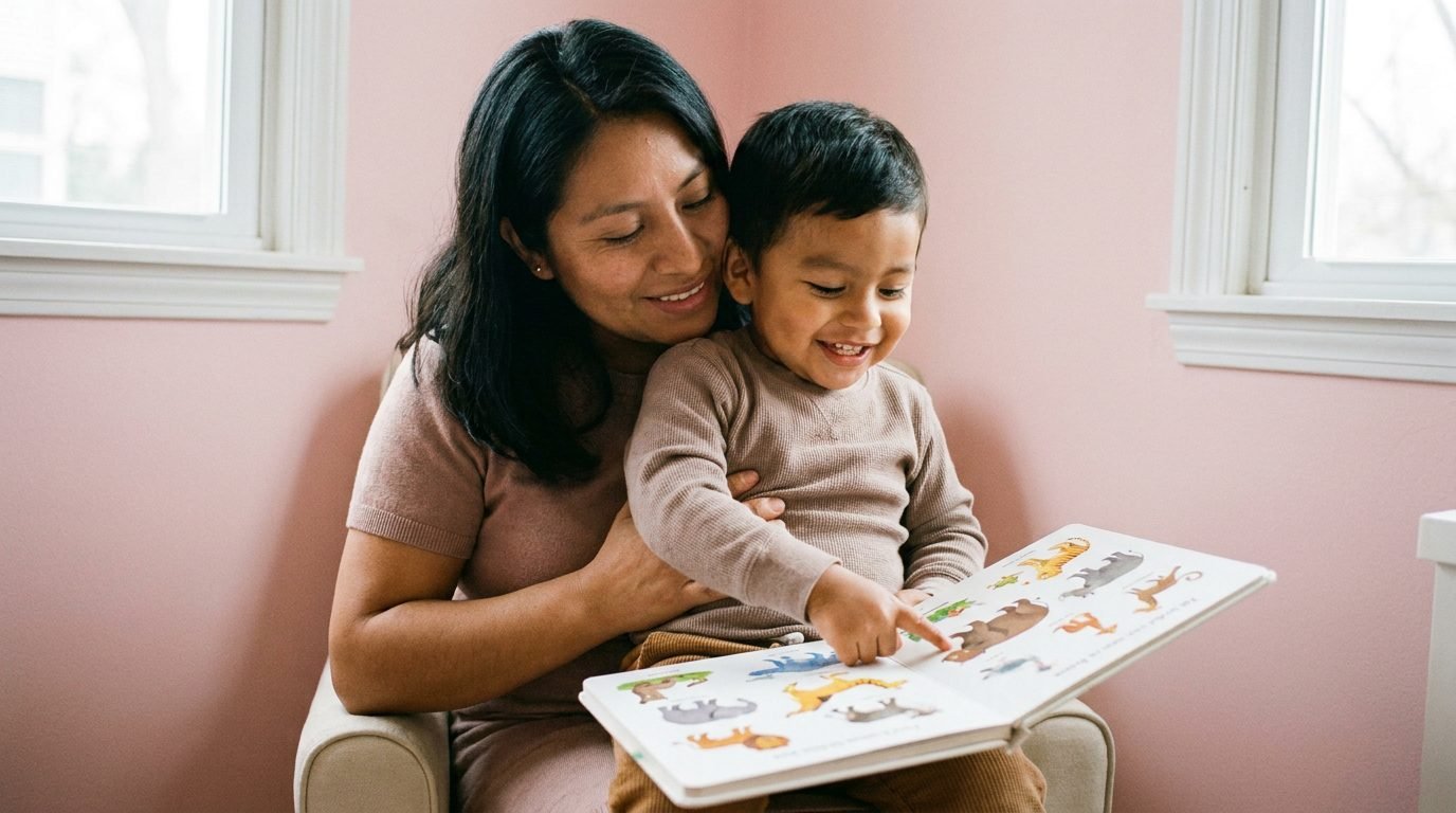 Madre leyendo un libro de dibujos con su hijo pequeño para estimular el lenguaje